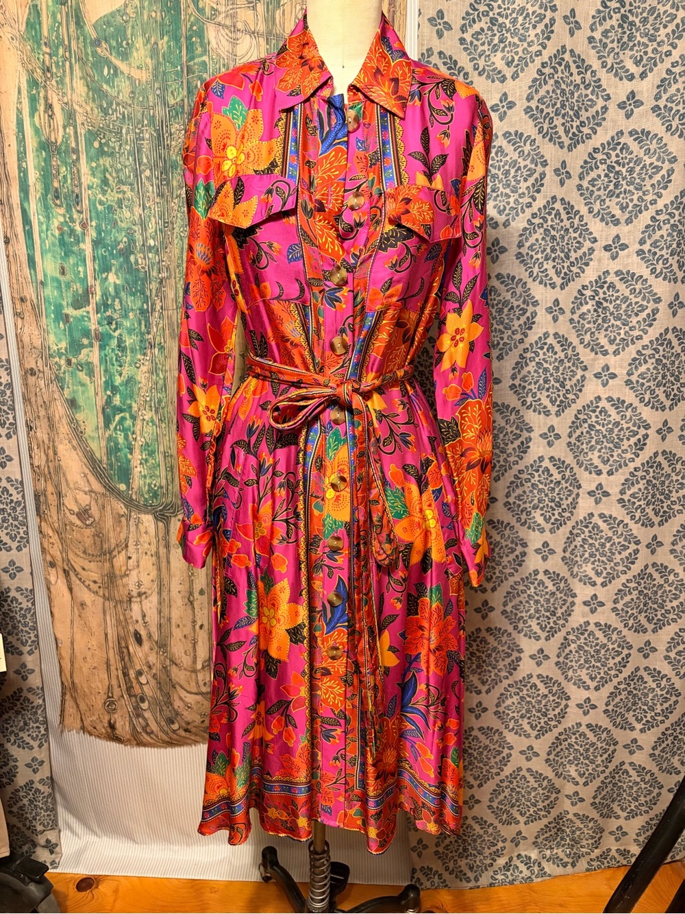 FARM Rio Hot Pink Floral Tie-Front Long Sleeve Dress